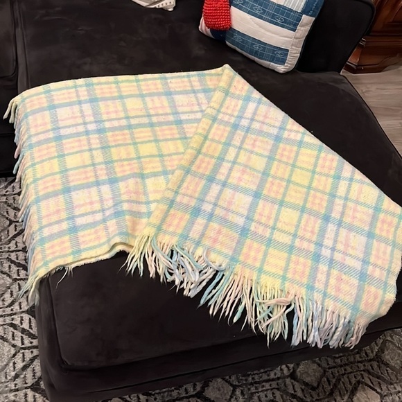 Vintage Baby Blanket Pastel Fringe Plaid Carriage Stroller - Picture 3 of 6